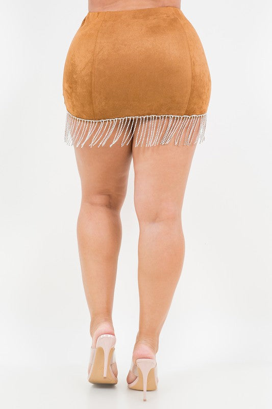 Suede Rhinestone Fringe Mini Skirt