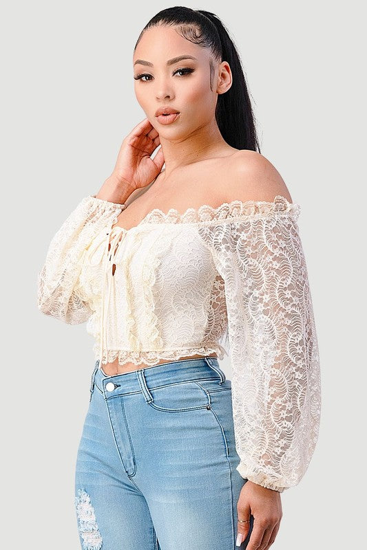 Off Shoulder Lace-Up Mesh Top