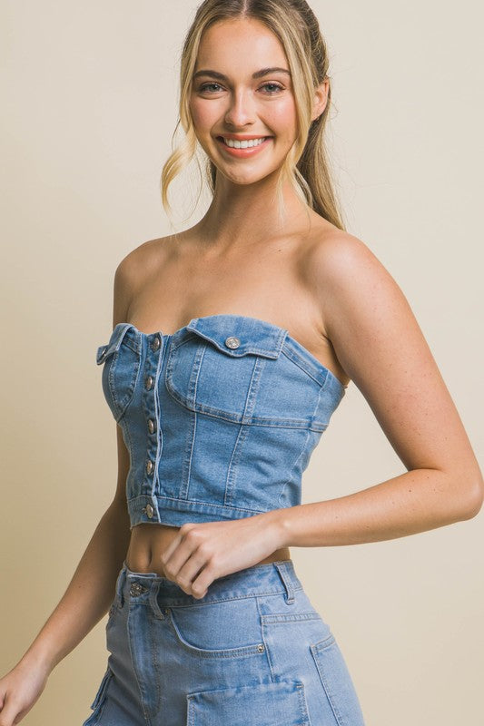 Denim Tube Button Pocket Top