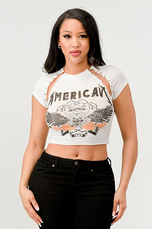 American Safety Pin Shoulder Detail Graphic Tee