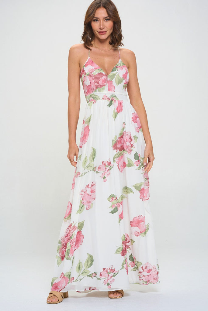 Flower Chiffon Lace Back Maxi Dress