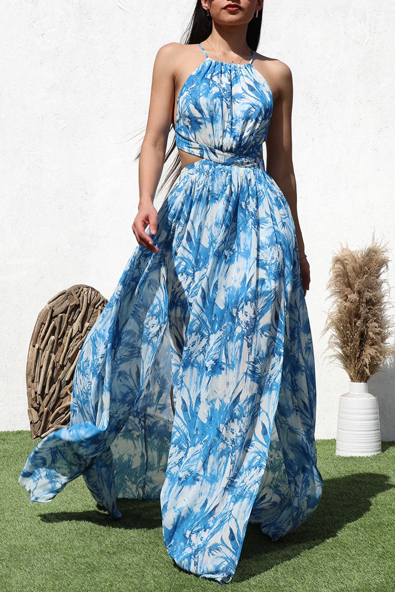 Leaf Print Side Cut Out Halter Maxi Dress