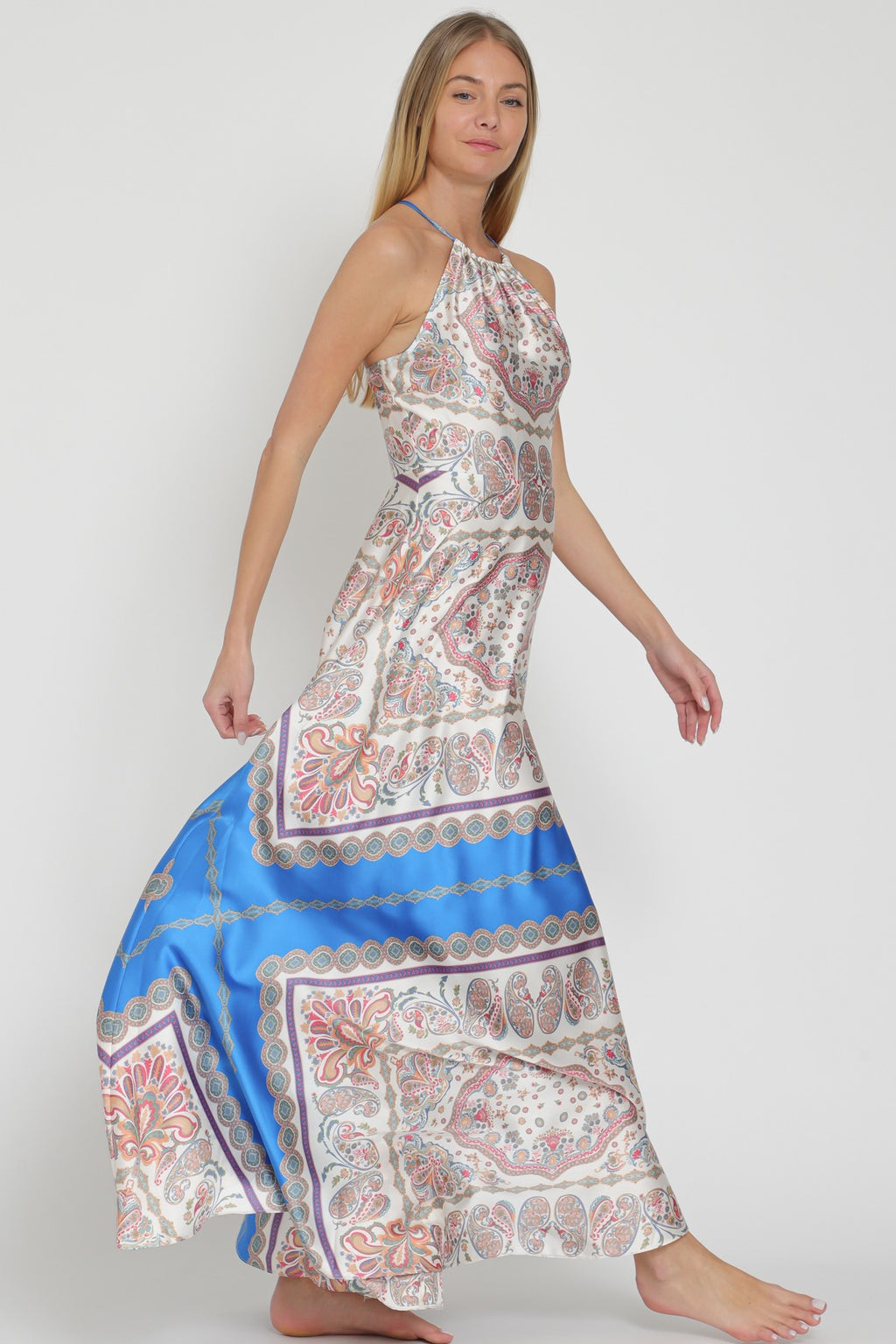 Paisley Boho Sateen Halter Maxi Dress