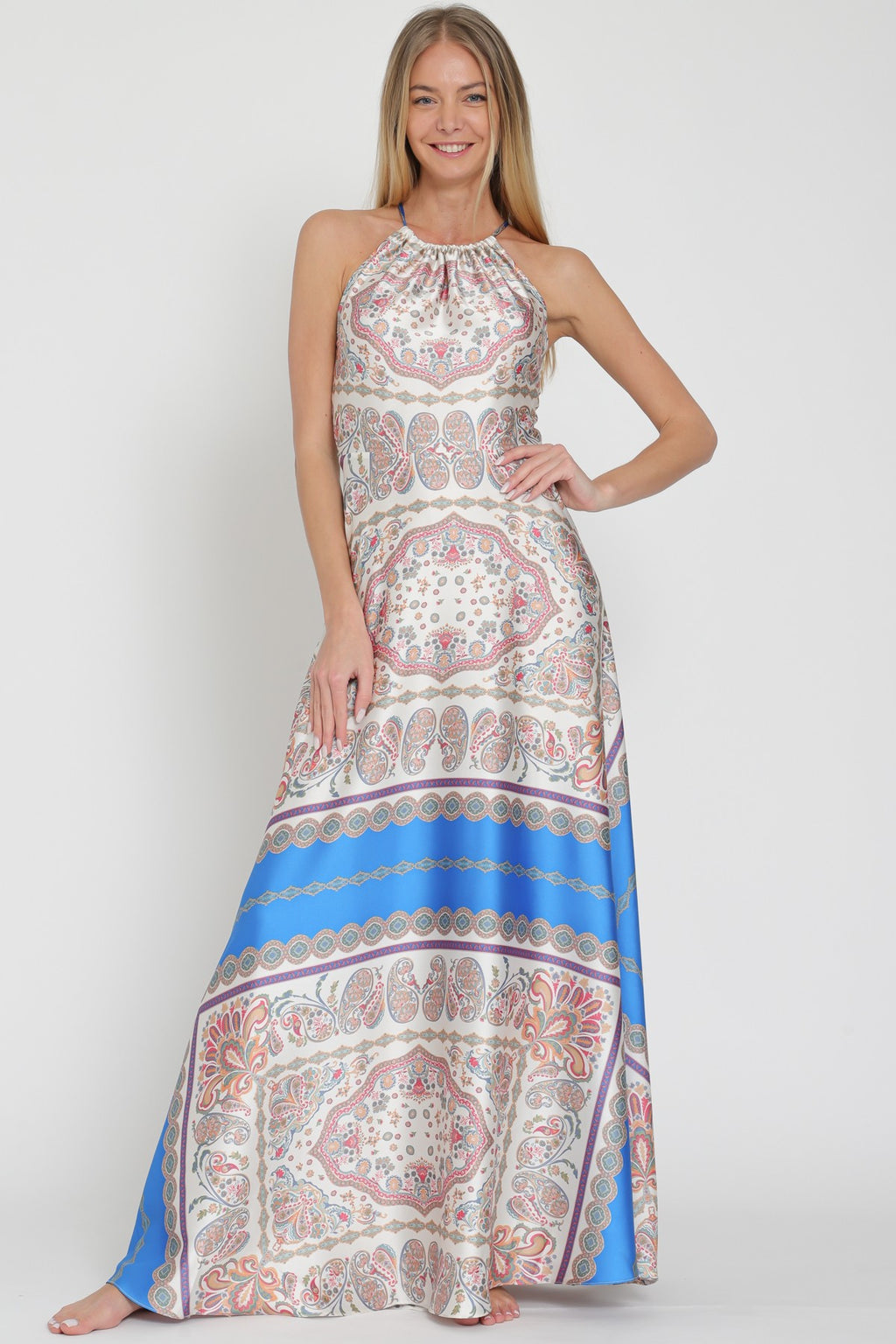 Paisley Boho Sateen Halter Maxi Dress
