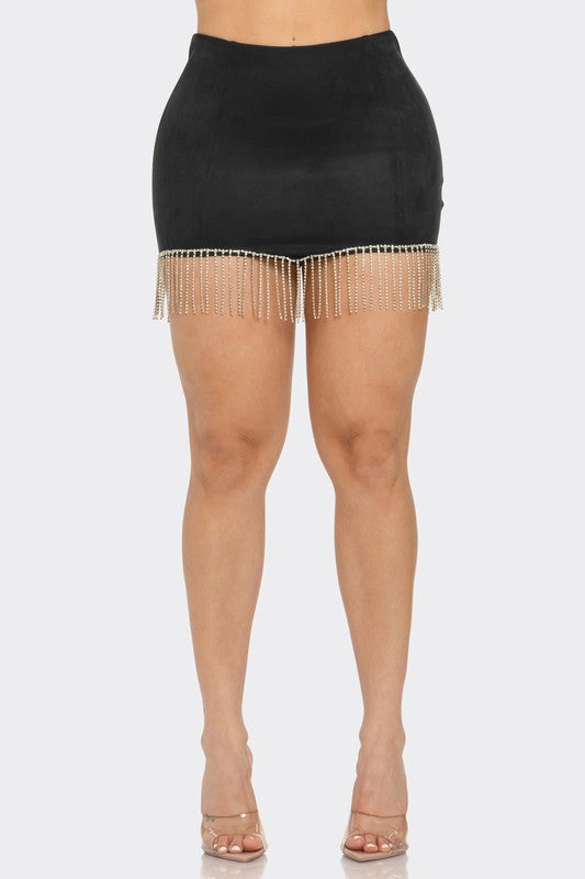 Suede Rhinestone Fringe Mini Skirt