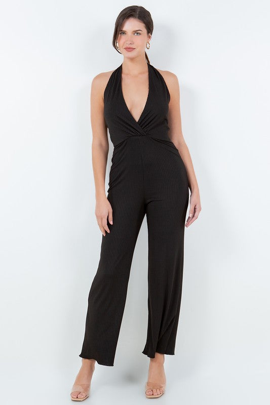 Deep V Halter Pleated Jumpsuit