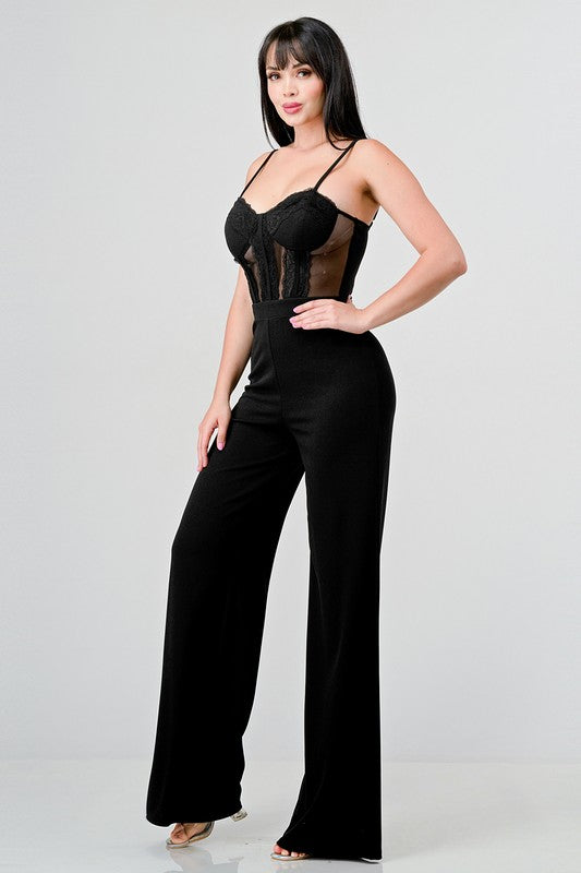 Mesh Lace Contrast Wide Leg Jumpsuit