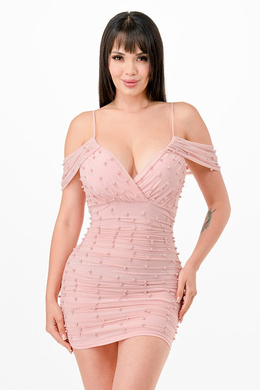 Off Shoulder Pearl Mini Dress Pink / Medium Off Shoulder Pearl Mini Dress Pink / Medium