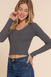 Ribbed Knit V-Neck Long Sleeve Sweater