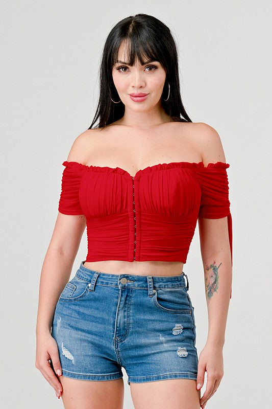 Ruched Corset Off Shldr Crop Top