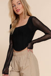 Corset Mesh Square Neck Long Sleeve Top