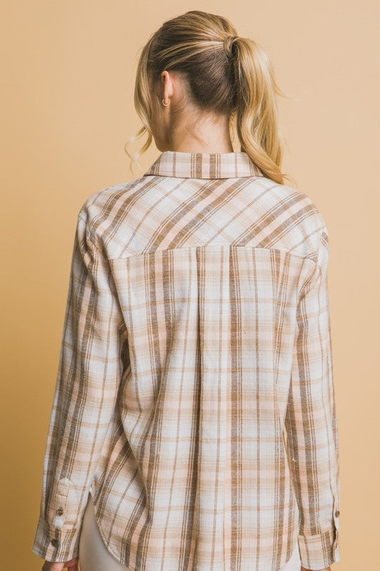 Long Plaid Print Button Down Shirt