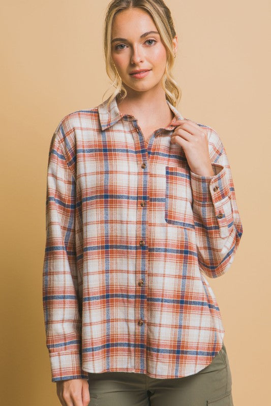 Long Plaid Print Button Down Shirt