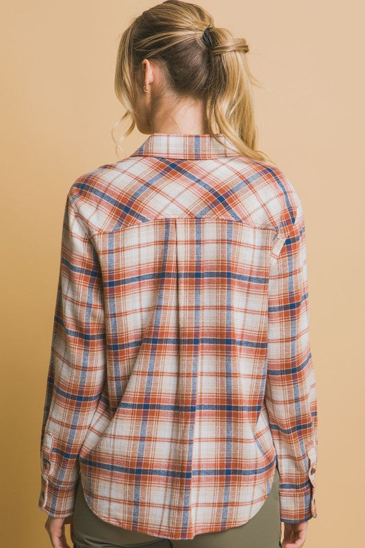 Long Plaid Print Button Down Shirt