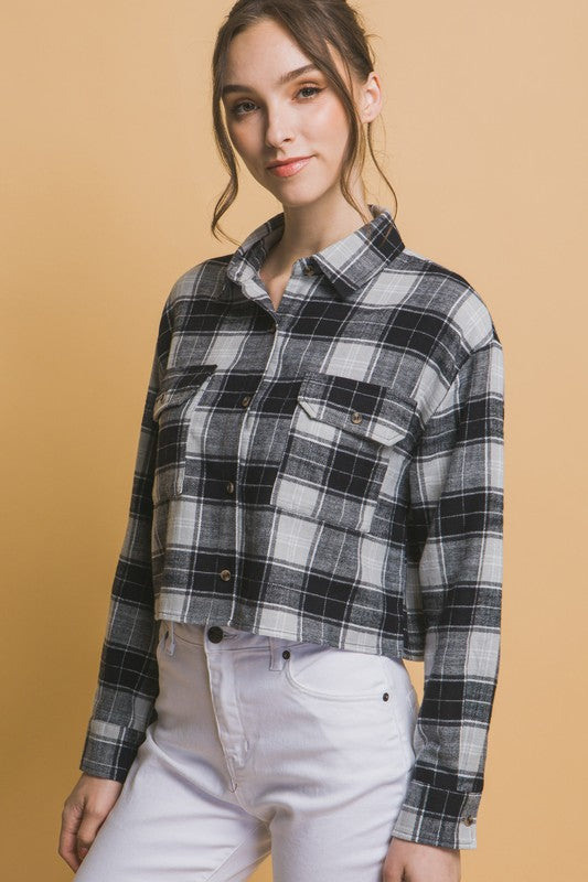 Plaid Pocket Crop Button Up Top