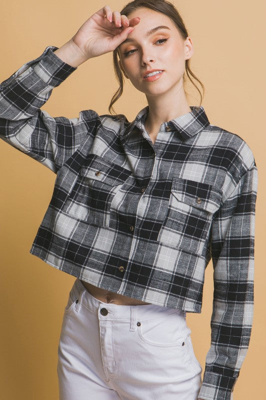 Plaid Pocket Crop Button Up Top