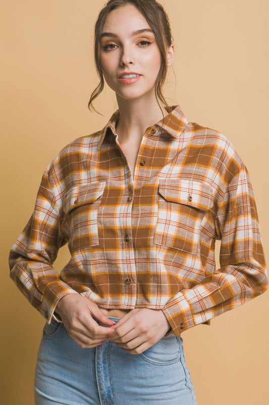 Plaid Pocket Crop Button Up Top