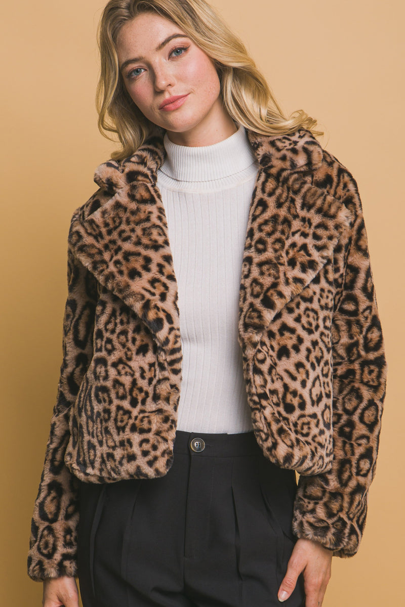 Leopard Large Collar Crop Fur Coat
