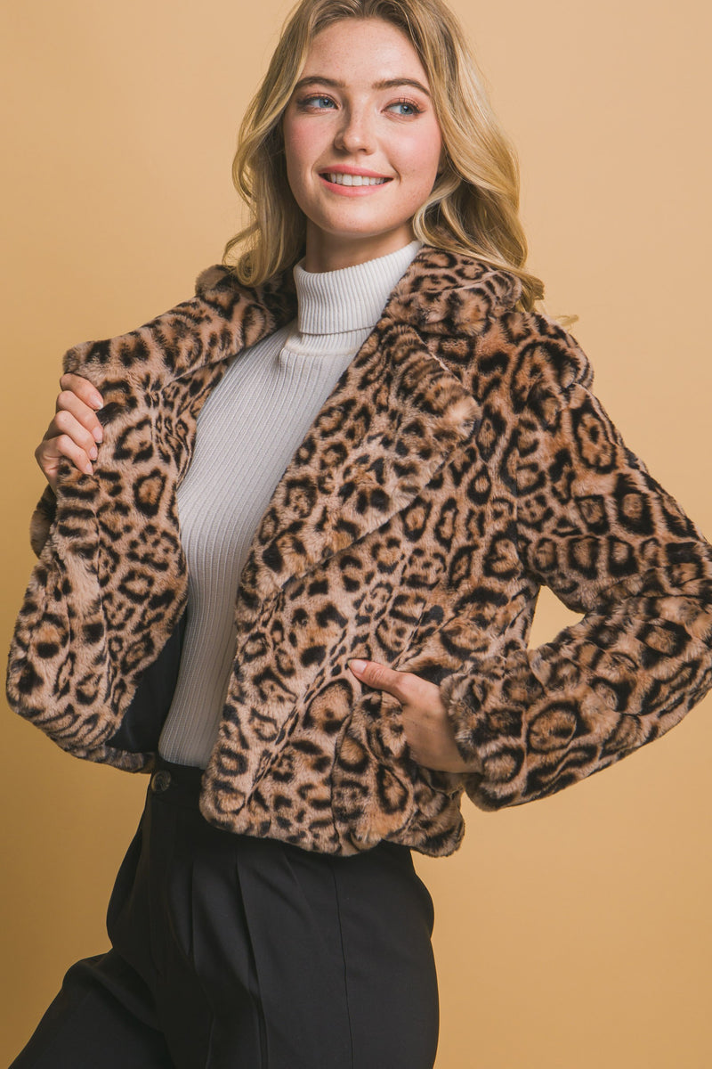 Leopard Large Collar Crop Fur Coat