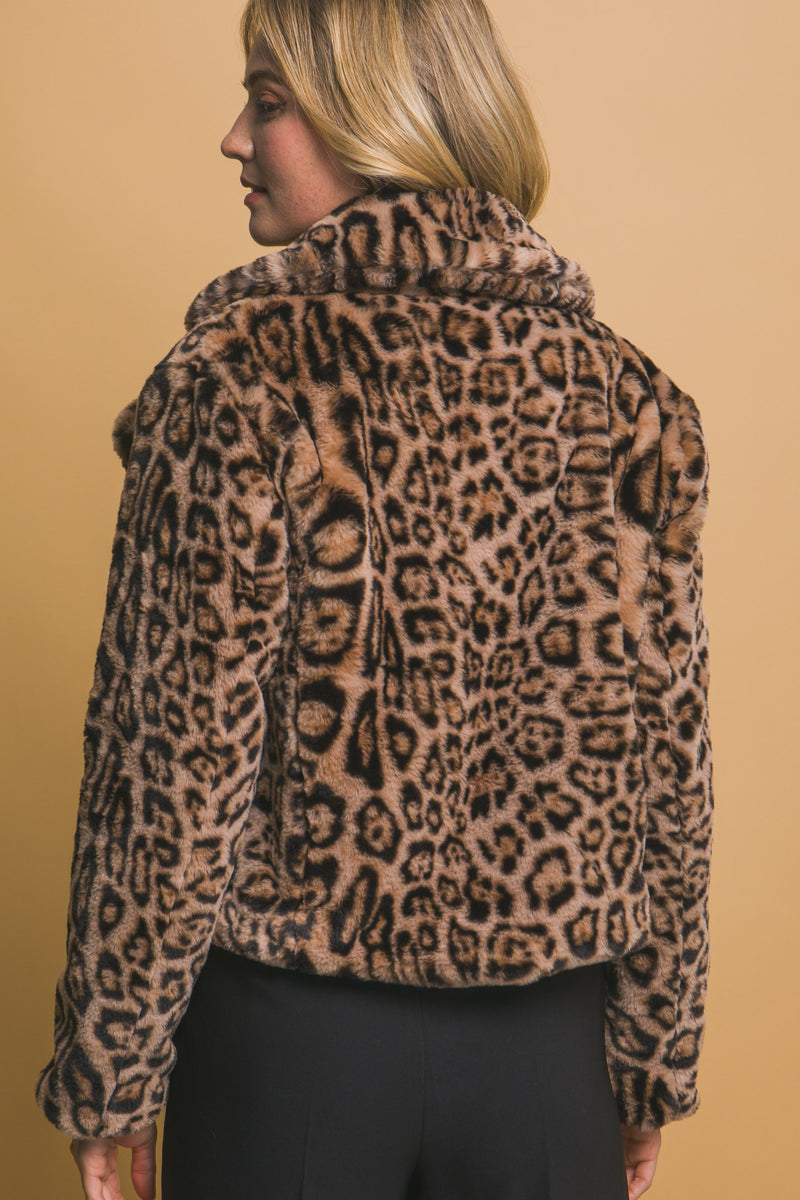 Leopard Large Collar Crop Fur Coat