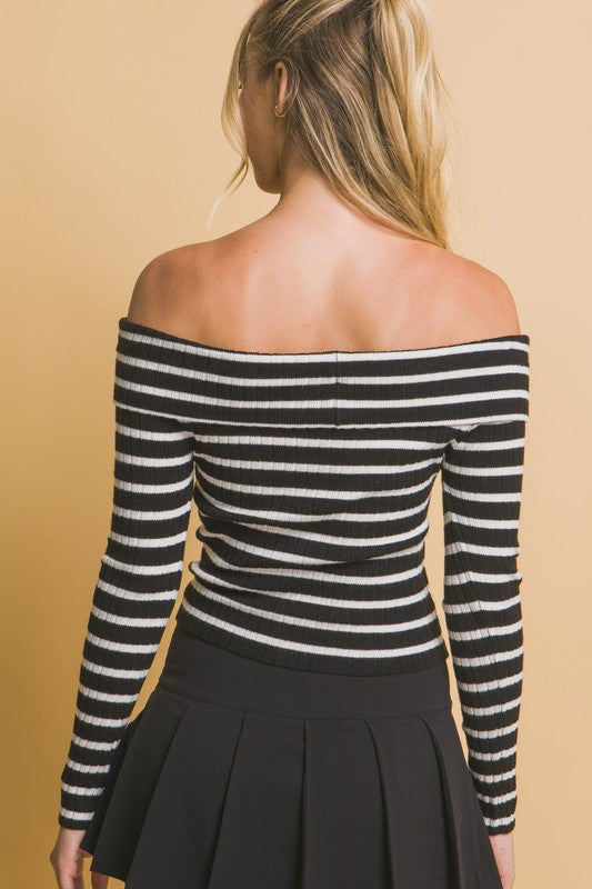 Striped Bardot Long Sleeve Top