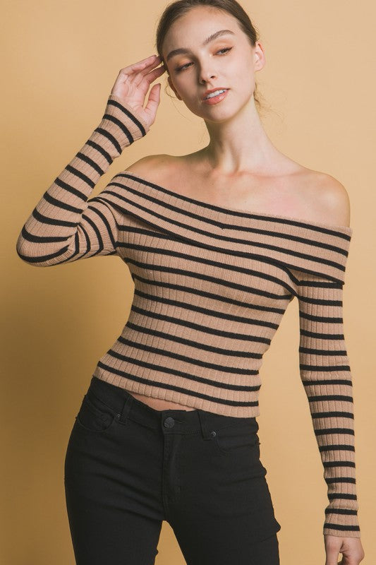 Striped Bardot Long Sleeve Top