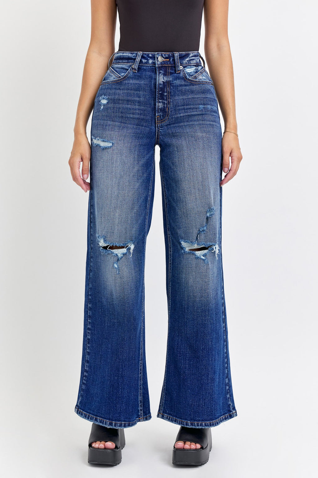 High Rise Distress Wide Leg