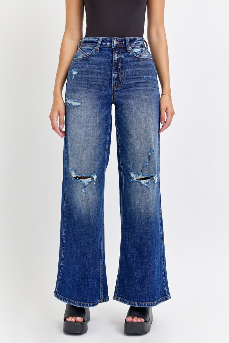 High Rise Distress Wide Leg