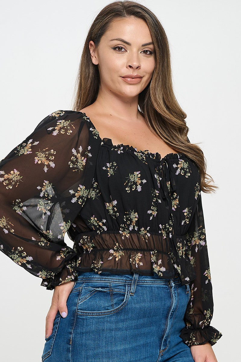 Floral Frill Square Neck Top