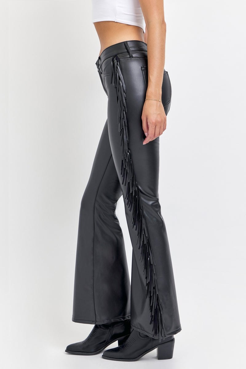 Faux Leather Mid Rise Flare Pant with Side Fringe