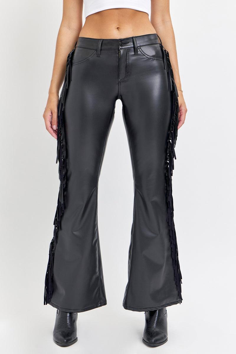 Faux Leather Mid Rise Flare Pant with Side Fringe