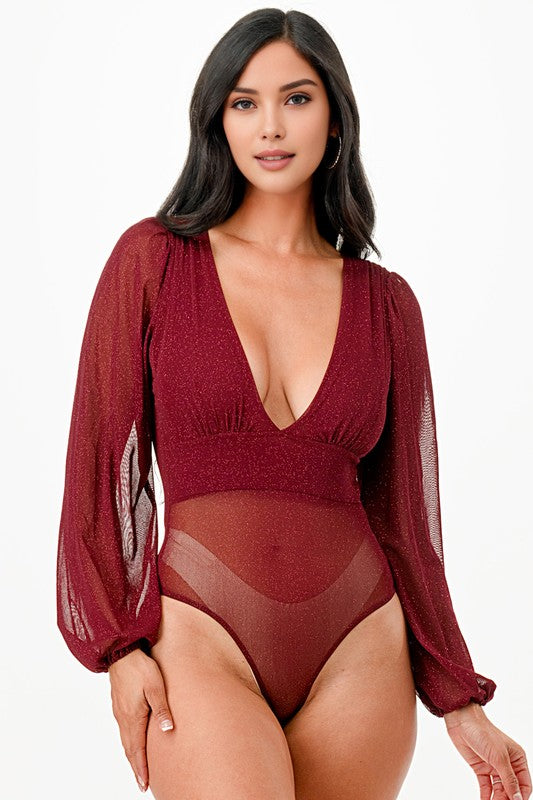 Mesh Glitter Deep V Long Sleeve Bodysuit