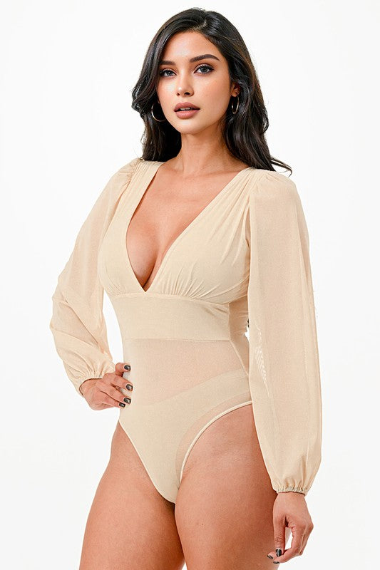 Mesh Glitter Deep V Long Sleeve Bodysuit