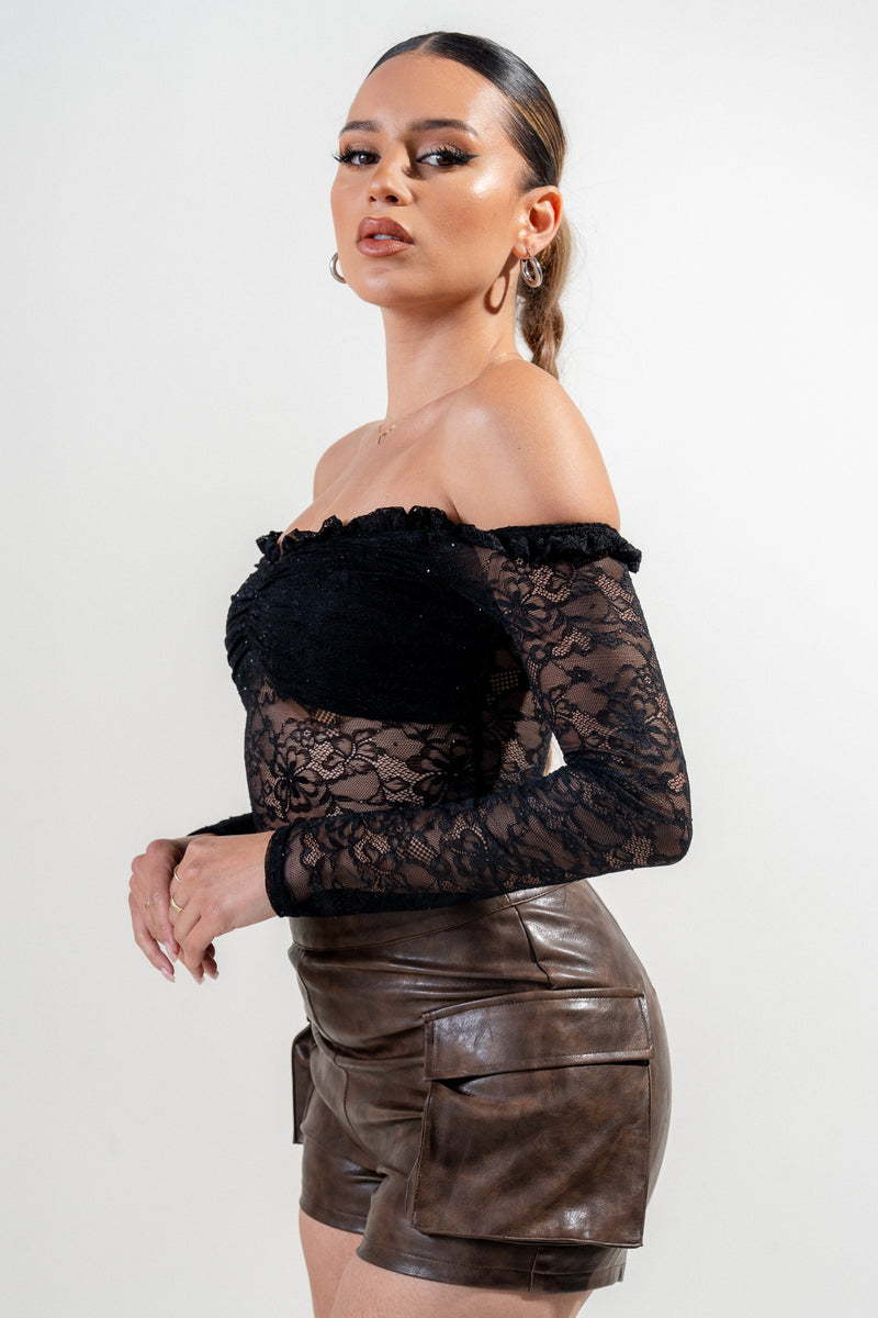 Off Shoulder Stoned Lace Bodysuit