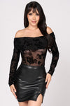 Velvet Flock Off Shoulder Long Sleeve Bodysuit