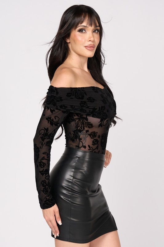 Velvet Flock Off Shoulder Long Sleeve Bodysuit