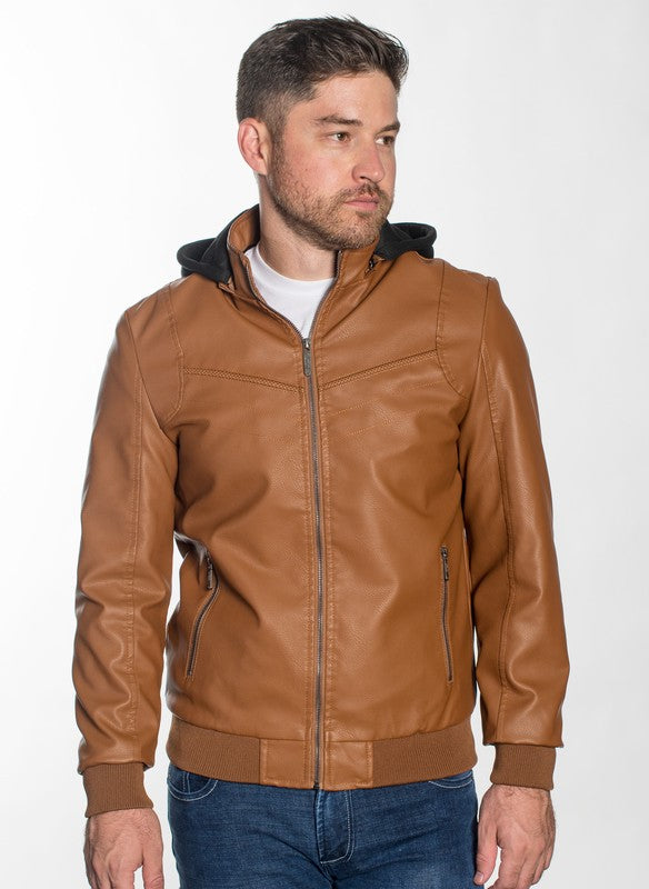 PU Leather Moto Hoodie Zip Jacket