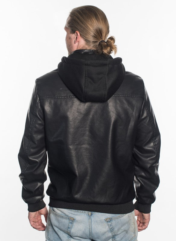 PU Leather Moto Hoodie Zip Jacket