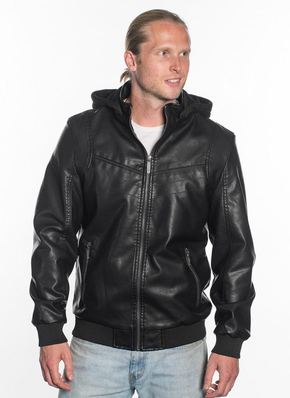 PU Leather Moto Hoodie Zip Jacket