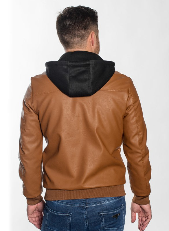 PU Leather Moto Hoodie Zip Jacket