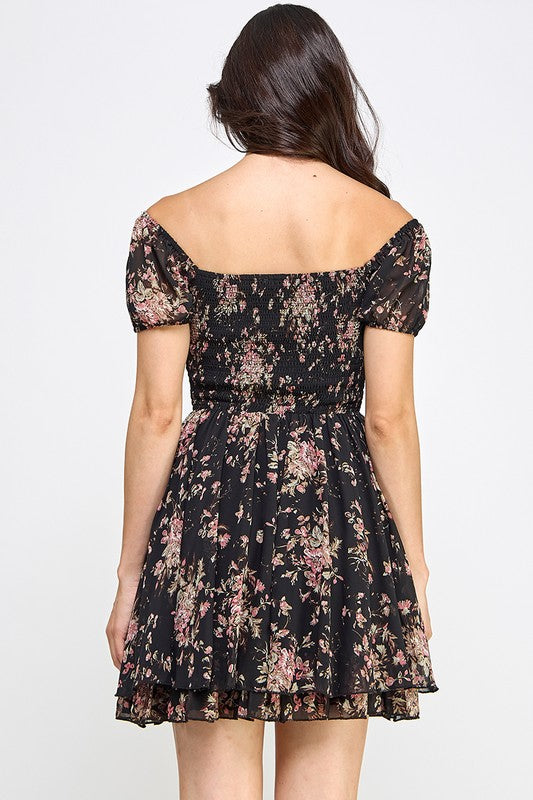 Floral Corset Puff Sleeve A-Line Dress