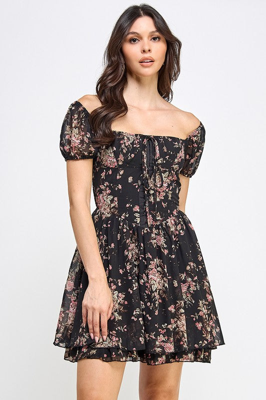 Floral Corset Puff Sleeve A-Line Dress