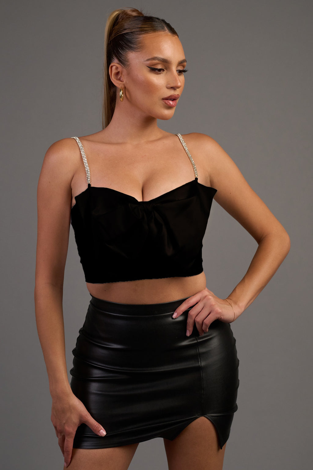 Satin Bow Rhinestone Strap Crop Top