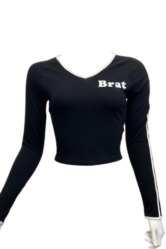 Brat V-Neck Graphic Long Sleeve Top