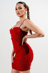 Pearl Studded Cowl Neck Ruch Mini Dress