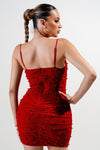 Pearl Studded Cowl Neck Ruch Mini Dress