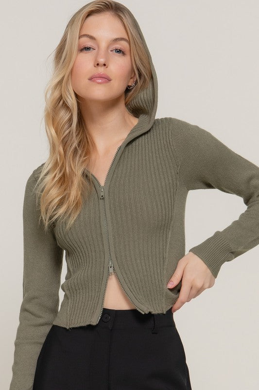 Two Way Zip Ribbed Hooded Sweater