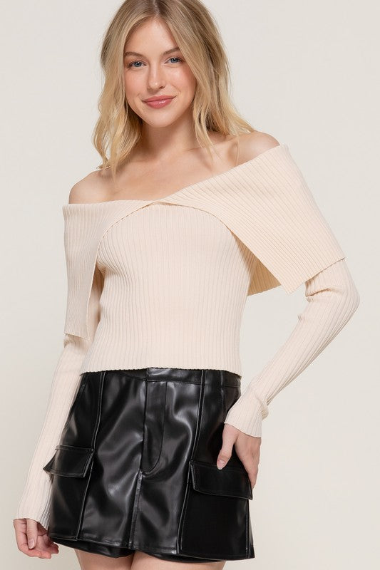 Foldover Ribbed Knit Long Sleeve Sweater