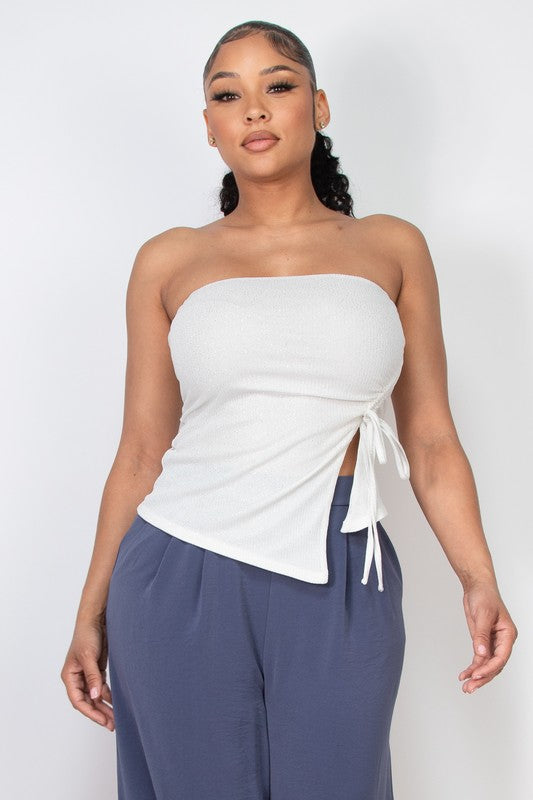 Glitter Ruched Slit Tube Top