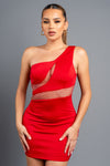 Cut-Out Rhinestone Net One Shoulder Mini Dress